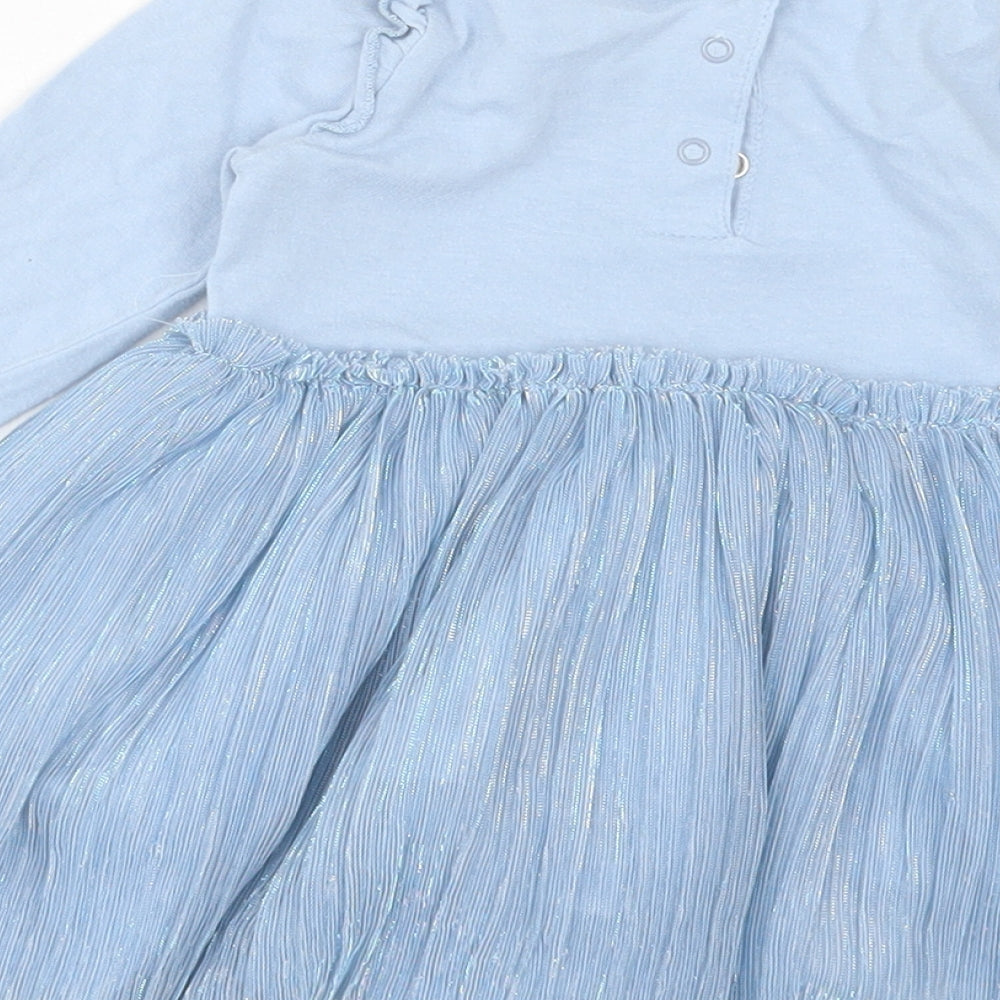 Vertbaudet Girls Blue Cotton A-Line Size 12 Months Crew Neck Button
