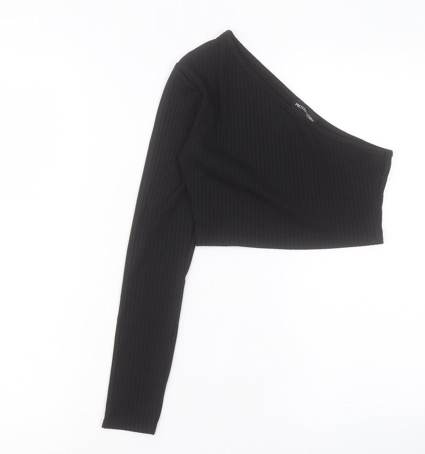PRETTYLITTLETHING Womens Black Polyester Cropped T-Shirt Size 8 One Shoulder