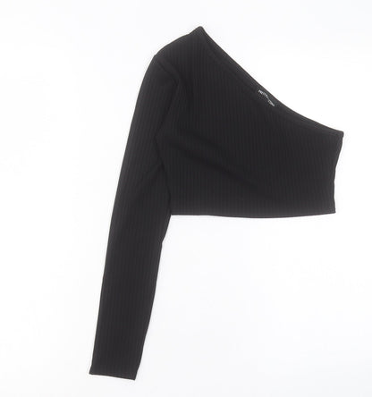 PRETTYLITTLETHING Womens Black Polyester Cropped T-Shirt Size 8 One Shoulder