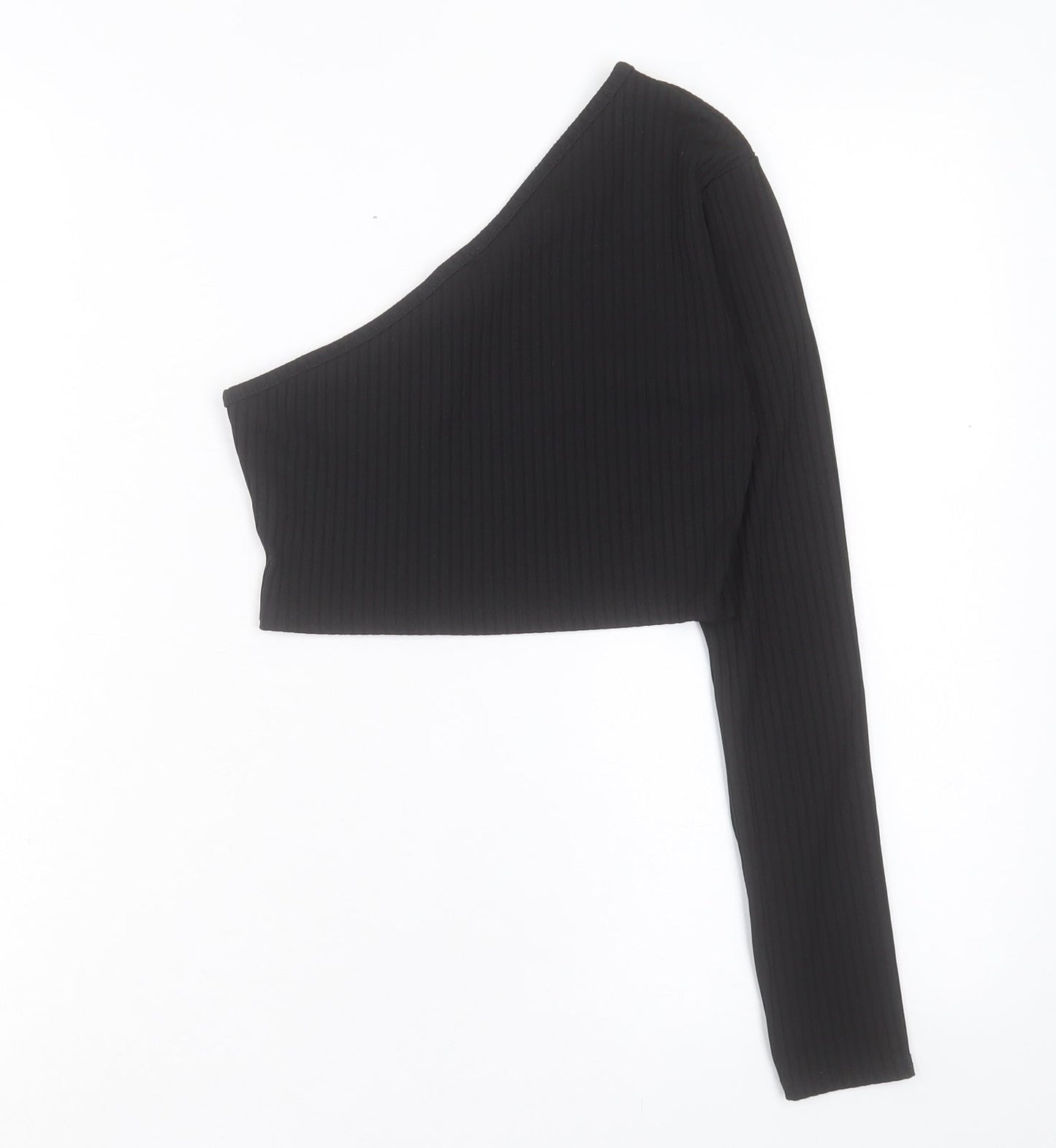 PRETTYLITTLETHING Womens Black Polyester Cropped T-Shirt Size 8 One Shoulder