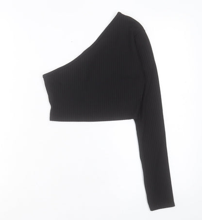 PRETTYLITTLETHING Womens Black Polyester Cropped T-Shirt Size 8 One Shoulder