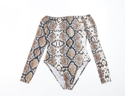 Boohoo Womens Brown Animal Print Polyester Bodysuit One-Piece Size 4 Snap