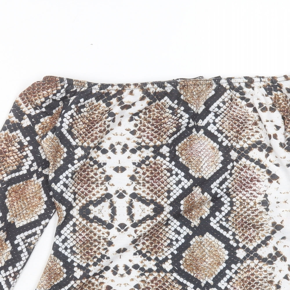 Boohoo Womens Brown Animal Print Polyester Bodysuit One-Piece Size 4 Snap