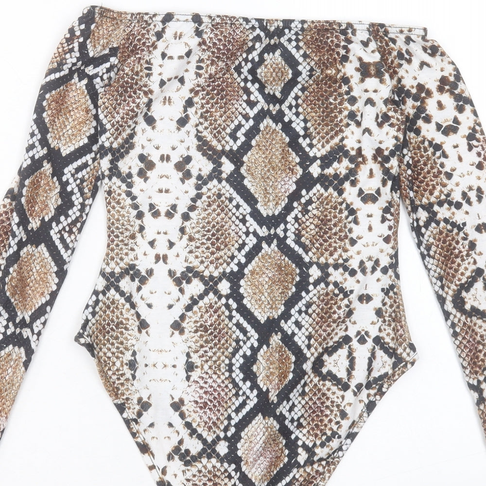 Boohoo Womens Brown Animal Print Polyester Bodysuit One-Piece Size 4 Snap