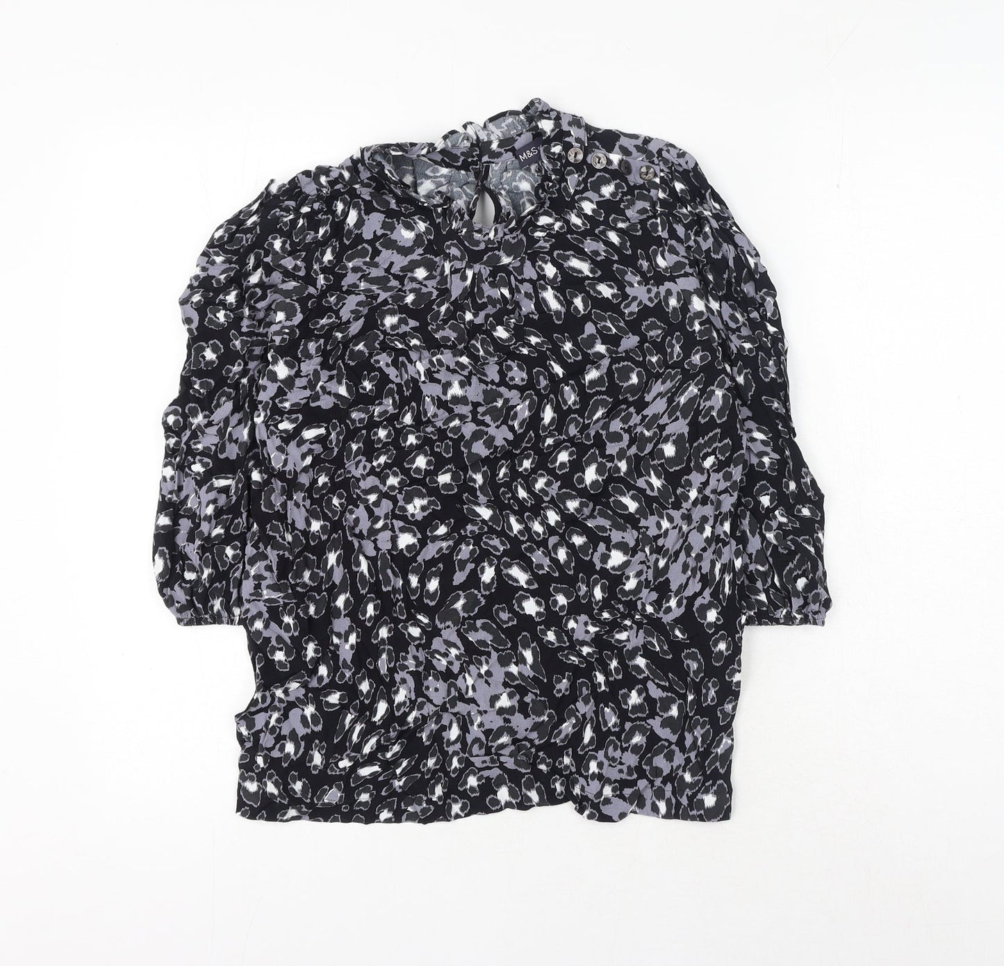 Marks and Spencer Womens Black Animal Print Viscose Basic Blouse Size 8 Round Neck - Leopard Print