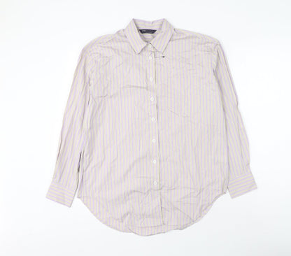 Marks and Spencer Womens Grey Striped Cotton Basic Button-Up Size 8 Collared