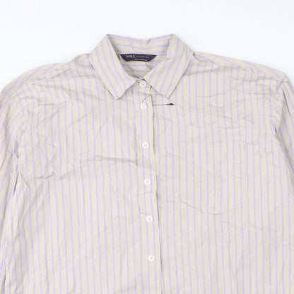 Marks and Spencer Womens Grey Striped Cotton Basic Button-Up Size 8 Collared
