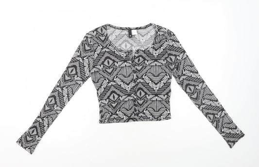 H&M Womens Black Geometric Polyester Basic T-Shirt Size S Scoop Neck
