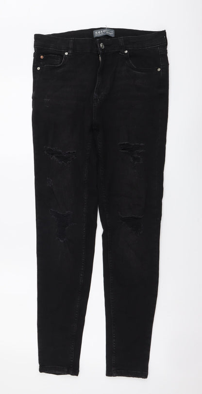 Denim & Co. Womens Black Cotton Skinny Jeans Size 12 L28 in Regular Button - Distressed Look