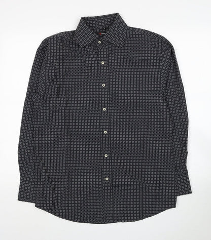 Refind Mens Black Geometric Polyester Dress Shirt Size S Collared Button