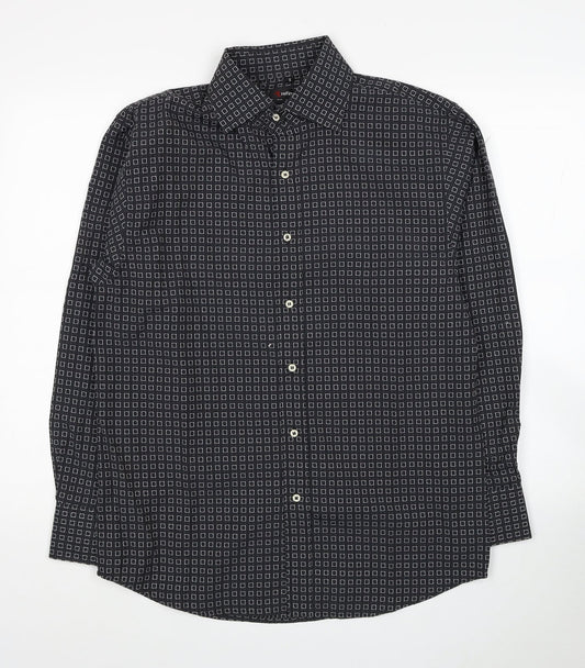 Refind Mens Black Geometric Polyester Dress Shirt Size S Collared Button