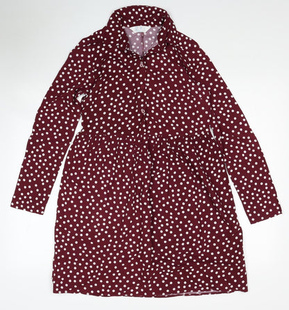 Primark Womens Red Polka Dot Viscose Shirt Dress Size 4 Collared Pullover