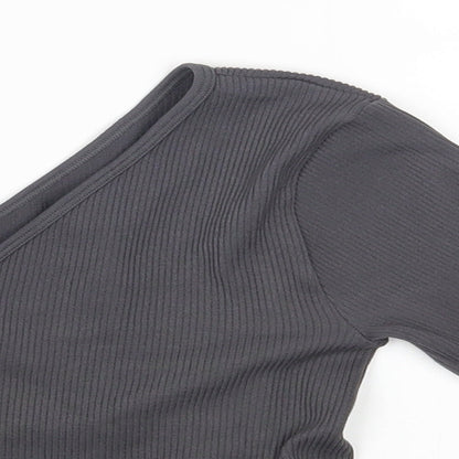 PRETTYLITTLETHING Womens Grey Polyamide Cropped T-Shirt Size L Off the Shoulder