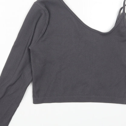 PRETTYLITTLETHING Womens Grey Polyamide Cropped T-Shirt Size L Off the Shoulder