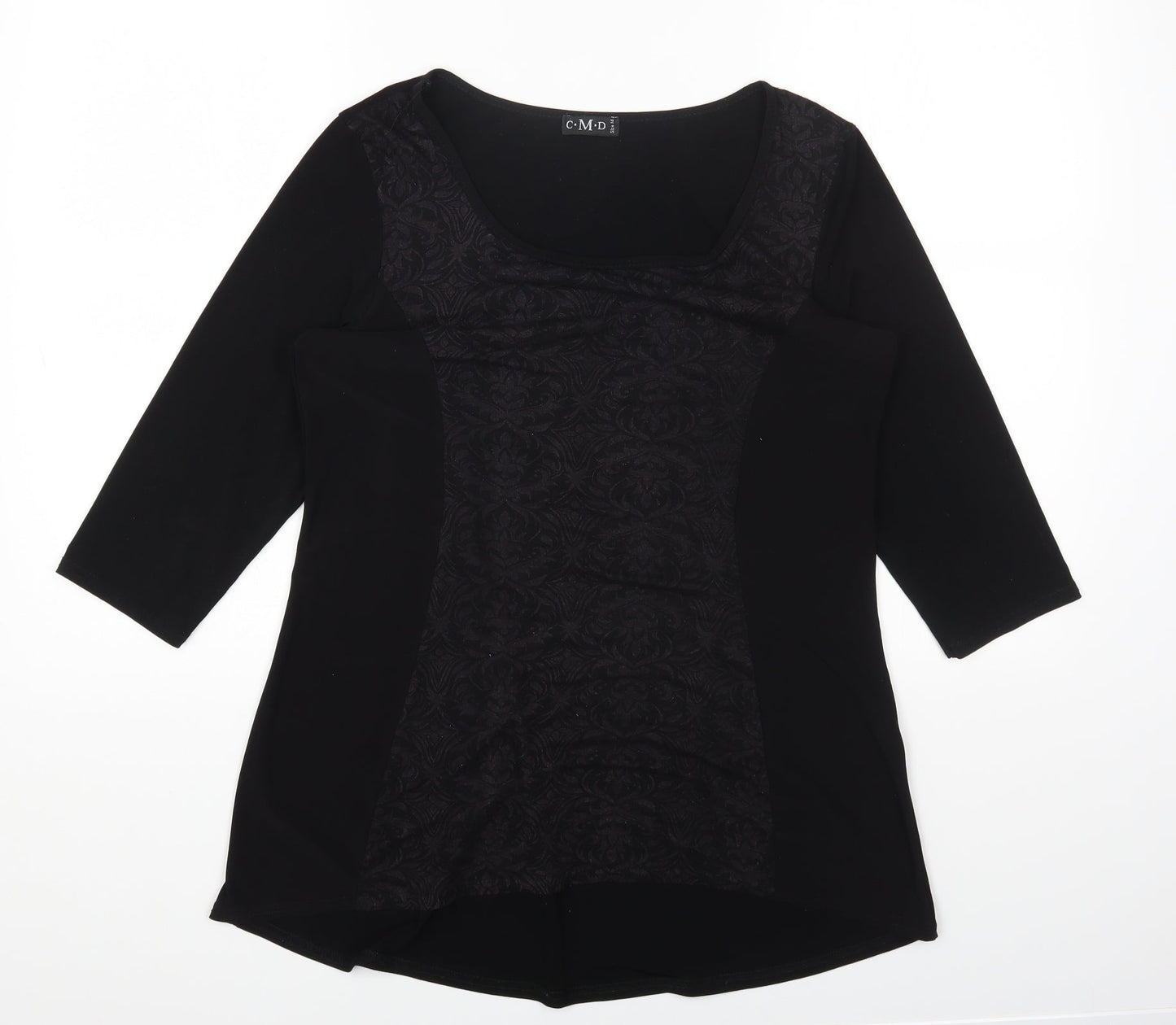 CMD Womens Black Geometric Polyester Basic T-Shirt Size 14 Scoop Neck