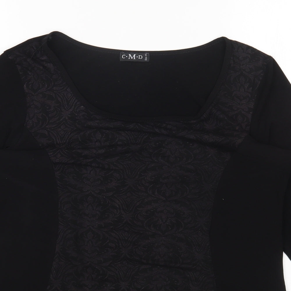 CMD Womens Black Geometric Polyester Basic T-Shirt Size 14 Scoop Neck