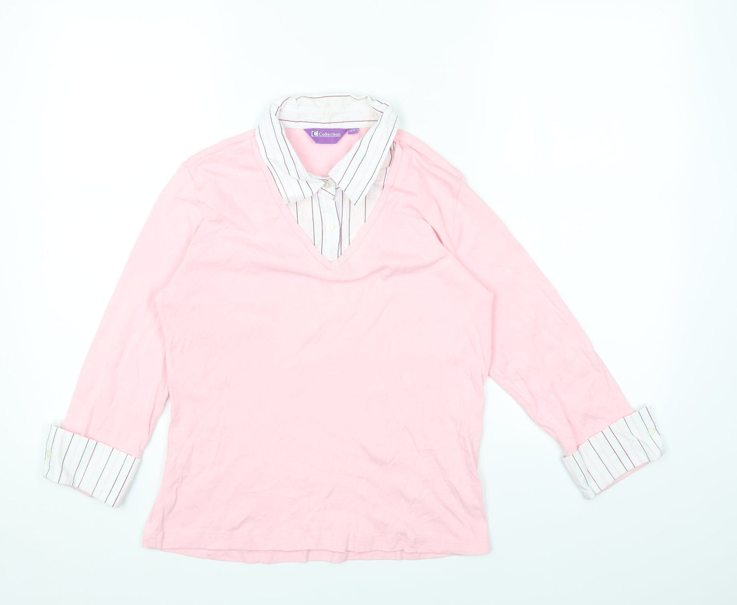 Collection Womens Pink Striped Cotton Basic T-Shirt Size 10 Collared