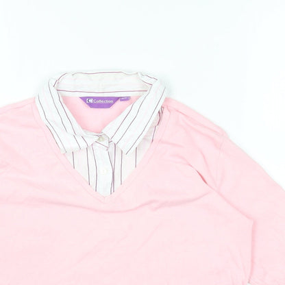 Collection Womens Pink Striped Cotton Basic T-Shirt Size 10 Collared