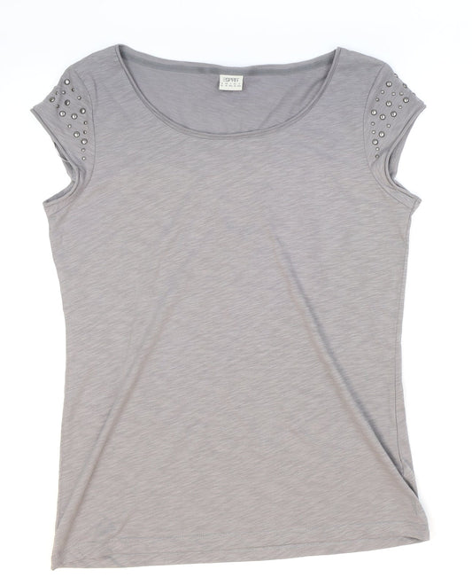 Esprit Womens Grey Cotton Basic T-Shirt Size XL Round Neck