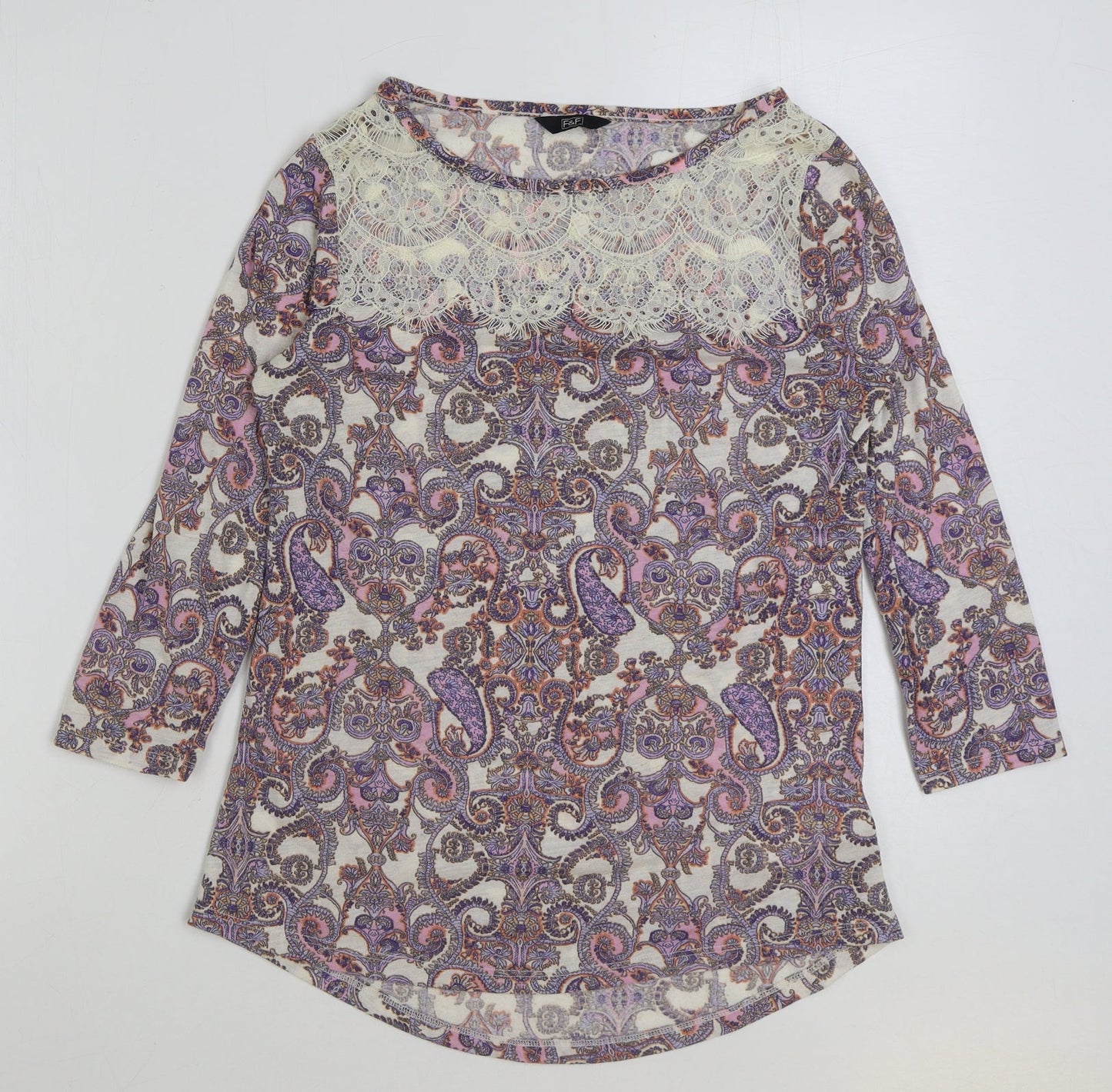 F&F Womens Multicoloured Paisley Polyamide Basic T-Shirt Size 10 Round Neck