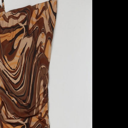 PRETTYLITTLETHING Womens Brown Geometric Polyester Pencil Dress Size 8 Square Neck Pullover
