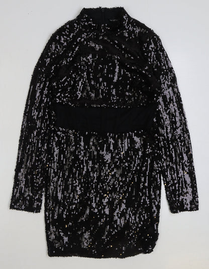 PRETTYLITTLETHING Womens Black Polyester Pencil Dress Size 8 Mock Neck Zip