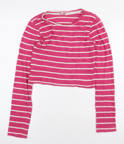 Miss E-Vie Girls Pink Striped Cotton Cropped T-Shirt Size 13-14 Years Round Neck Pullover