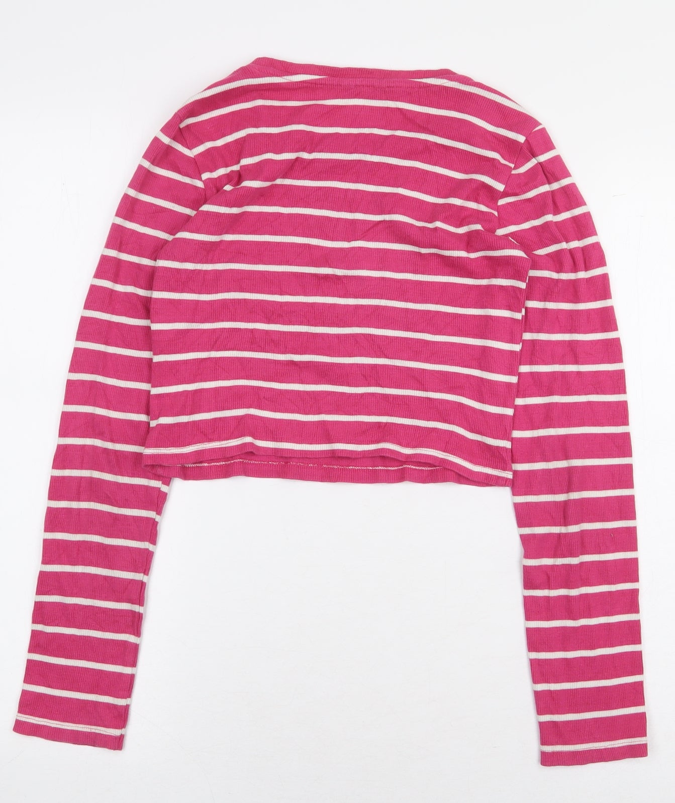 Miss E-Vie Girls Pink Striped Cotton Cropped T-Shirt Size 13-14 Years Round Neck Pullover