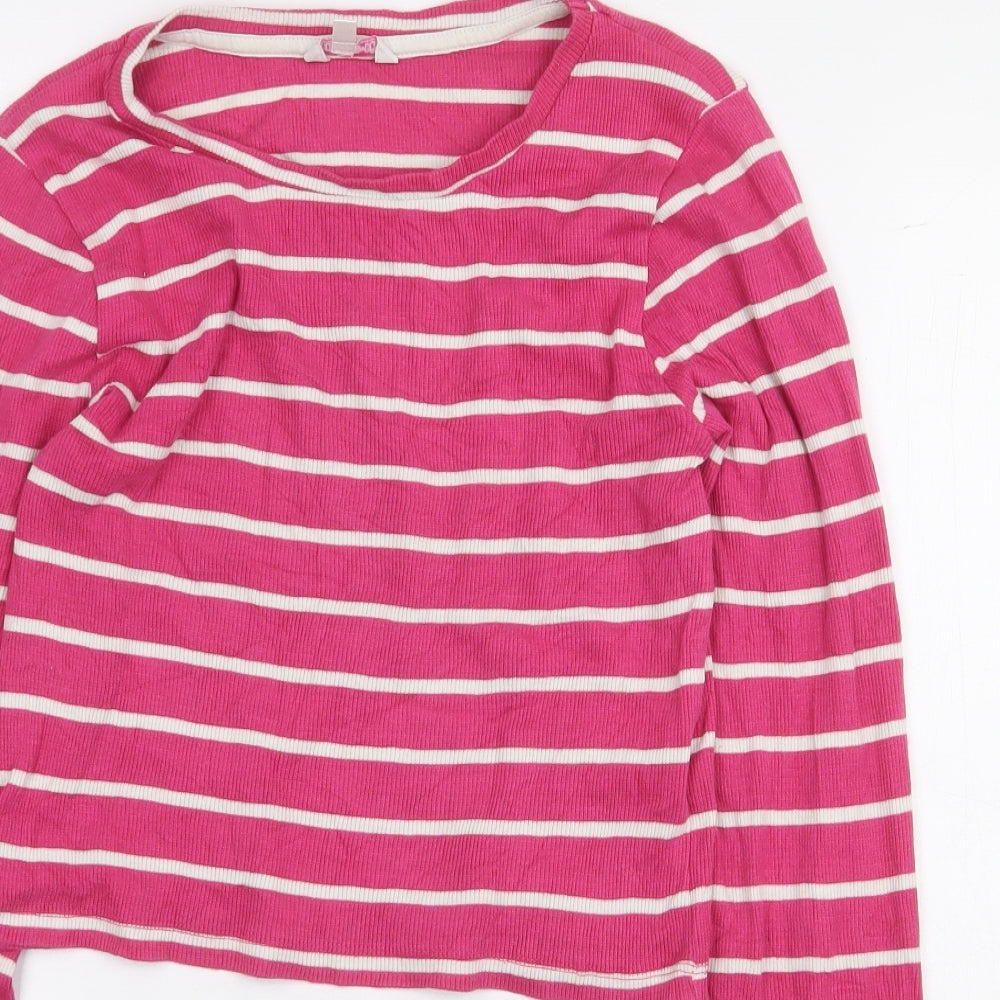 Miss E-Vie Girls Pink Striped Cotton Cropped T-Shirt Size 13-14 Years Round Neck Pullover