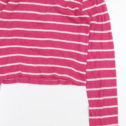 Miss E-Vie Girls Pink Striped Cotton Cropped T-Shirt Size 13-14 Years Round Neck Pullover