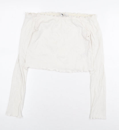 H&M Womens White Cotton Cropped Blouse Size S Off the Shoulder - Ribbed
