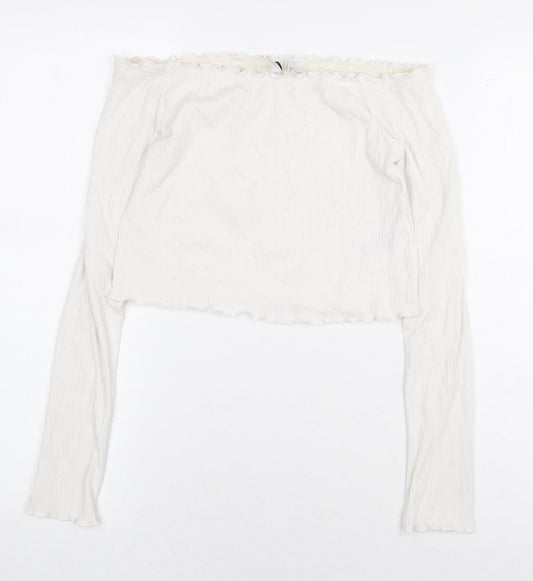 H&M Womens White Cotton Cropped Blouse Size S Off the Shoulder - Ribbed