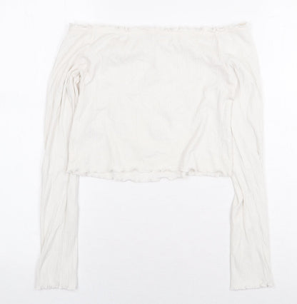 H&M Womens White Cotton Cropped Blouse Size S Off the Shoulder - Ribbed