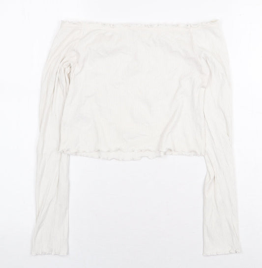 H&M Womens White Cotton Cropped Blouse Size S Off the Shoulder - Ribbed