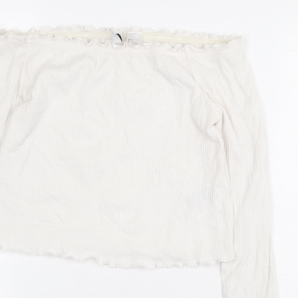 H&M Womens White Cotton Cropped Blouse Size S Off the Shoulder - Ribbed