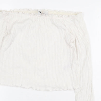 H&M Womens White Cotton Cropped Blouse Size S Off the Shoulder - Ribbed