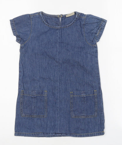NEXT Girls Blue 100% Cotton Shirt Dress Size 4 Years Round Neck Button