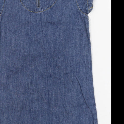 NEXT Girls Blue 100% Cotton Shirt Dress Size 4 Years Round Neck Button