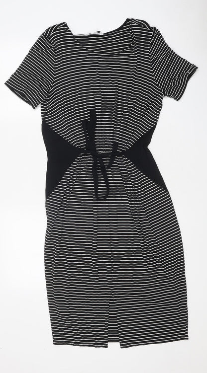 NEXT Womens Black Striped Polyester Skater Dress Size 12 Round Neck Pullover