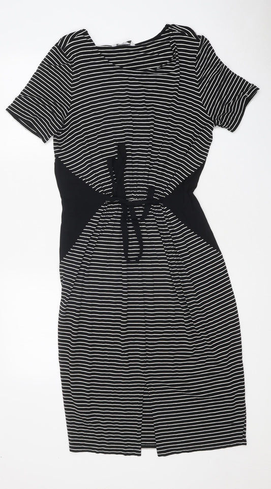 NEXT Womens Black Striped Polyester Skater Dress Size 12 Round Neck Pullover