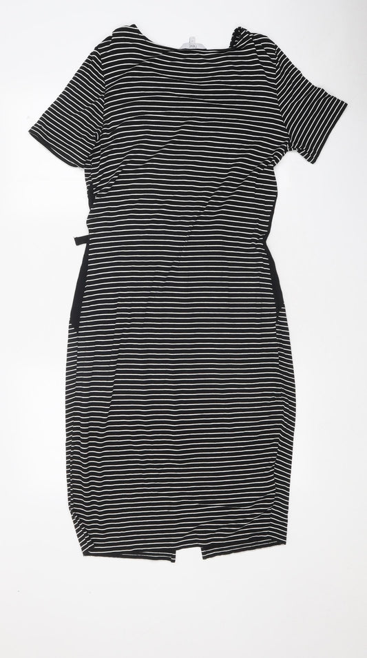 NEXT Womens Black Striped Polyester Skater Dress Size 12 Round Neck Pullover