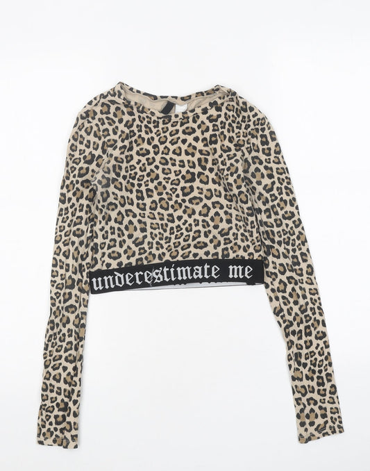 H&M Womens Brown Animal Print Polyester Cropped T-Shirt Size XS Round Neck - Leopard Print