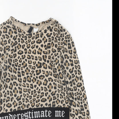 H&M Womens Brown Animal Print Polyester Cropped T-Shirt Size XS Round Neck - Leopard Print