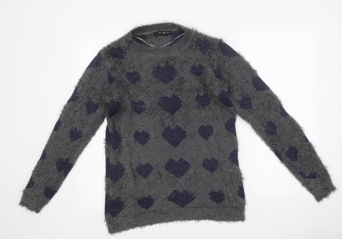AKD-A-WEST Womens Grey Round Neck Geometric Polyester Pullover Jumper Size 12 - Heart Pattern