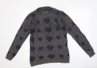 AKD-A-WEST Womens Grey Round Neck Geometric Polyester Pullover Jumper Size 12 - Heart Pattern