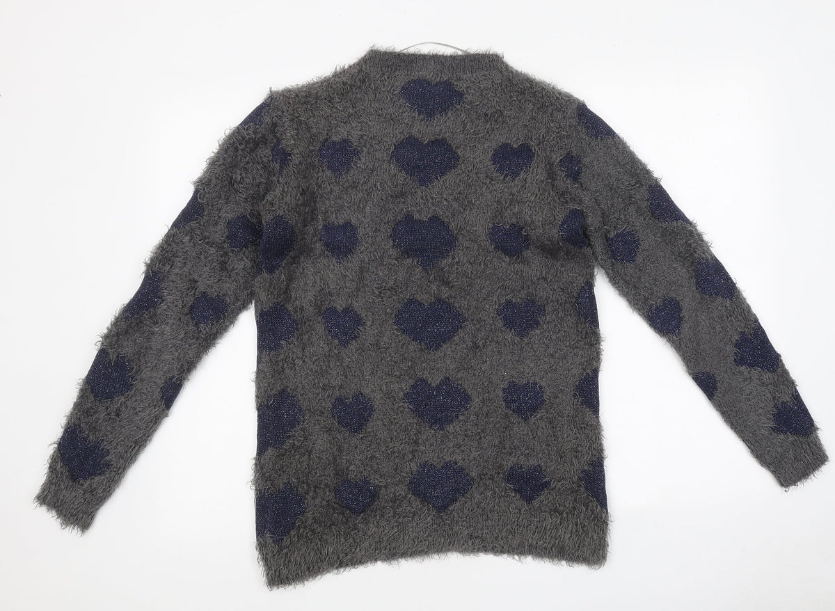 AKD-A-WEST Womens Grey Round Neck Geometric Polyester Pullover Jumper Size 12 - Heart Pattern