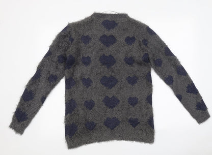 AKD-A-WEST Womens Grey Round Neck Geometric Polyester Pullover Jumper Size 12 - Heart Pattern
