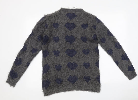 AKD-A-WEST Womens Grey Round Neck Geometric Polyester Pullover Jumper Size 12 - Heart Pattern