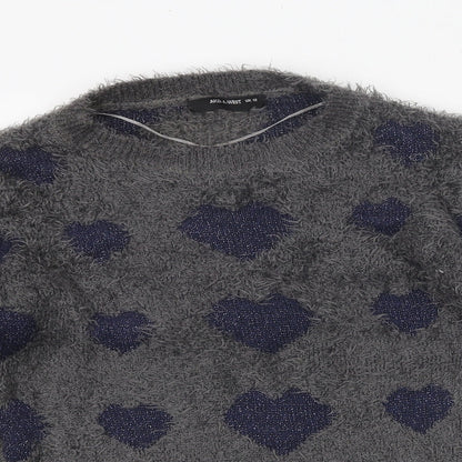 AKD-A-WEST Womens Grey Round Neck Geometric Polyester Pullover Jumper Size 12 - Heart Pattern
