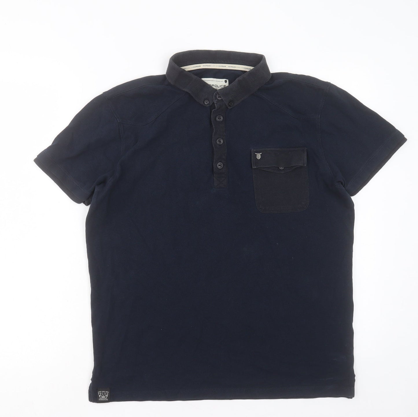 883 Police Mens Blue Cotton Polo Size S Collared Button